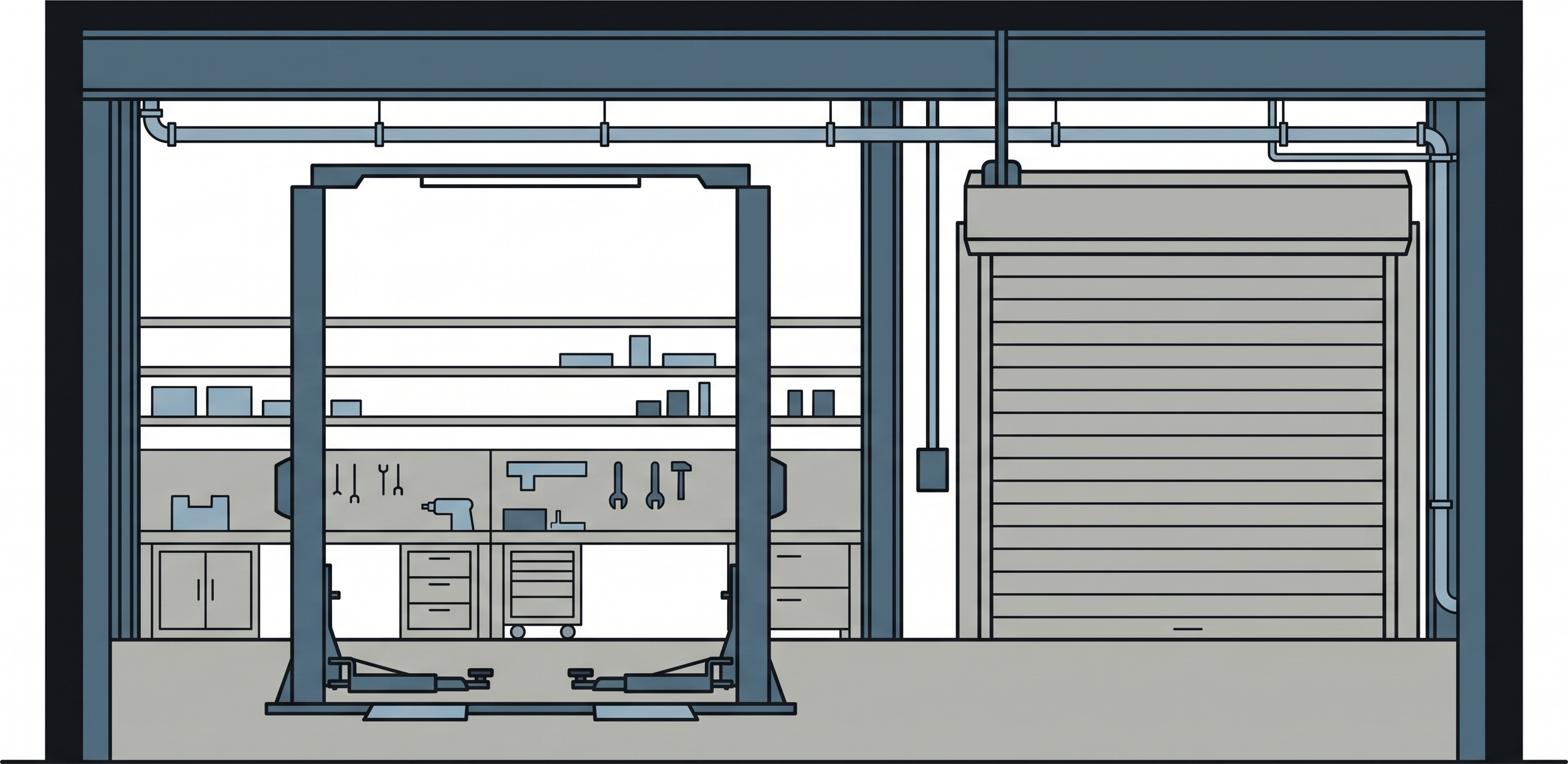 A vehicle inspection hall with a two post lift